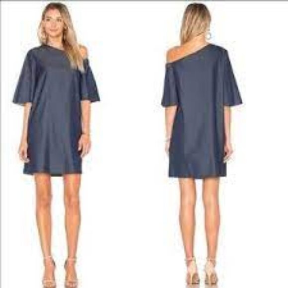Tibi Blue Denim Off Shoulder Dress 100% Cotton Size 2 - Picture 1 of 8